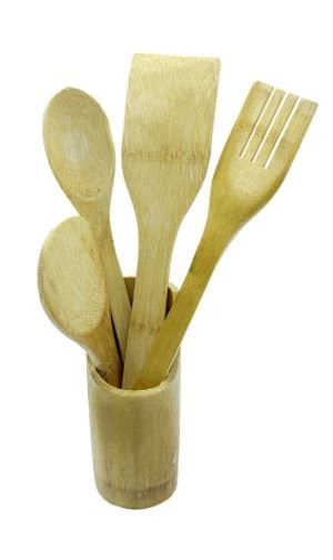 Conjunto Utensilios de Cozinha com Suporte em Bambu 5 Peças
