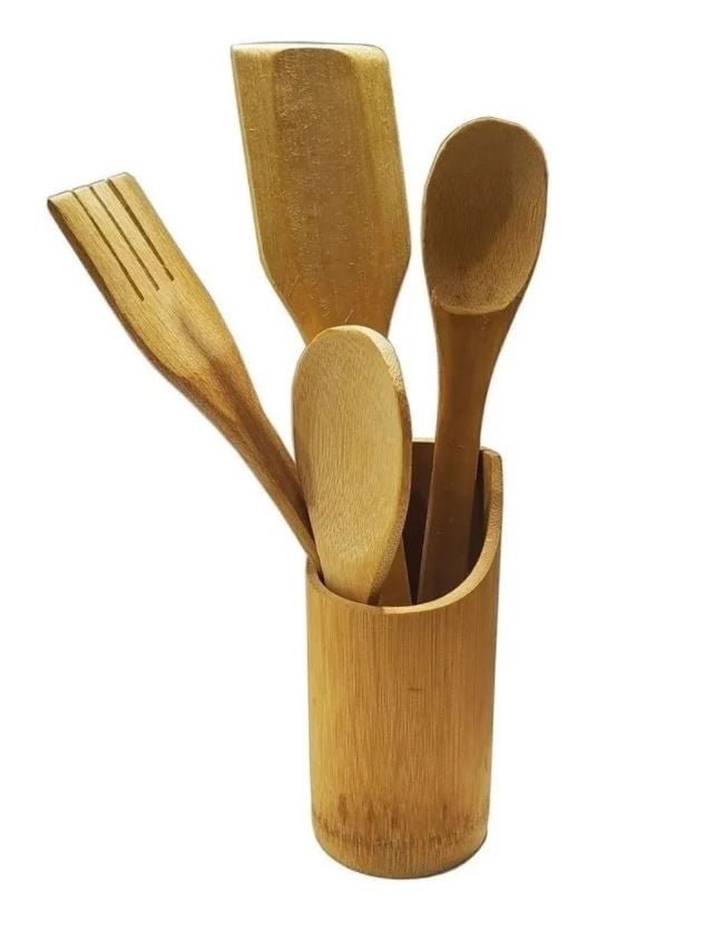 Conjunto Utensilios de Cozinha com Suporte em Bambu 5 Peças