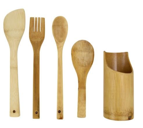 Conjunto Utensilios de Cozinha com Suporte em Bambu 5 Peças
