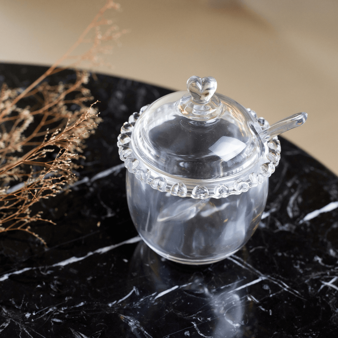 Açucareiro de Cristal Chumbo com Colher e Detalhes em Formato de Coração