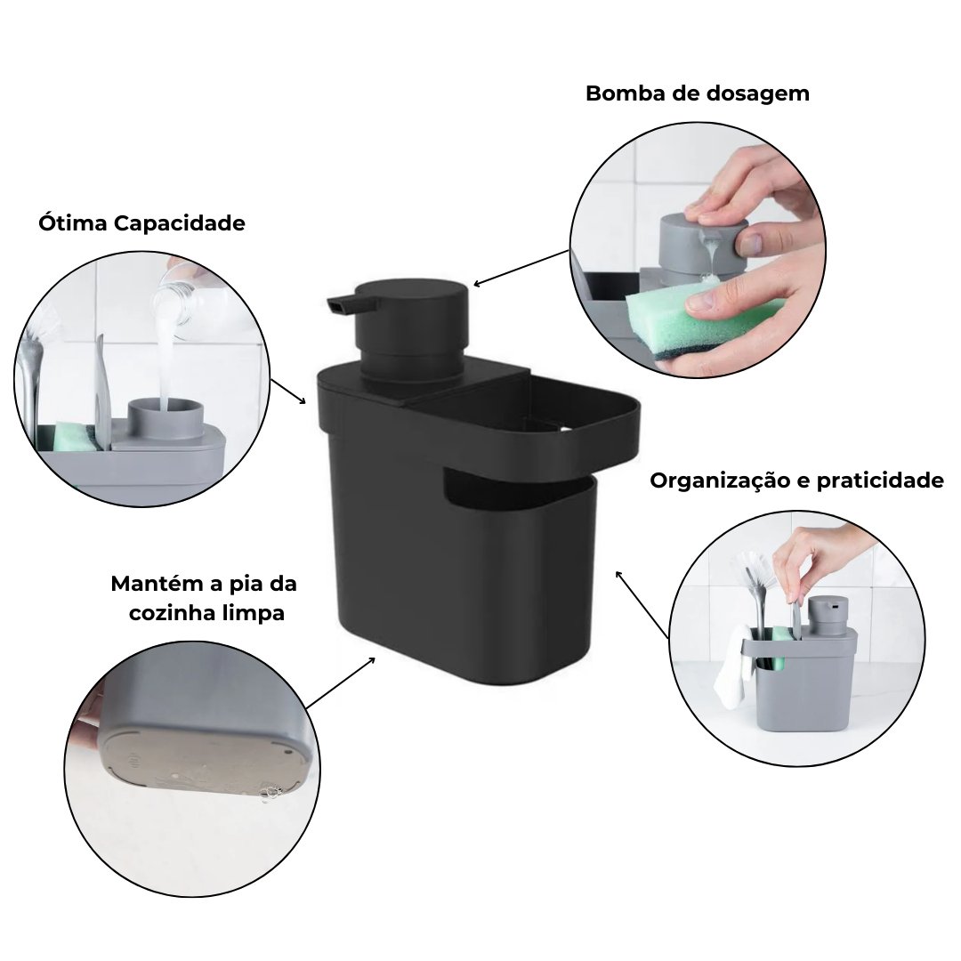 Dispenser Porta Detergente e Organizador de Pia Trium Preto 650 Ml