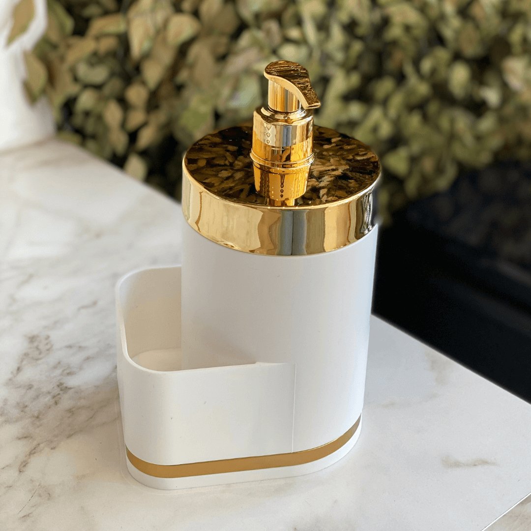 Dispenser Porta Detergente Organizador de Pia Branco e Dourado