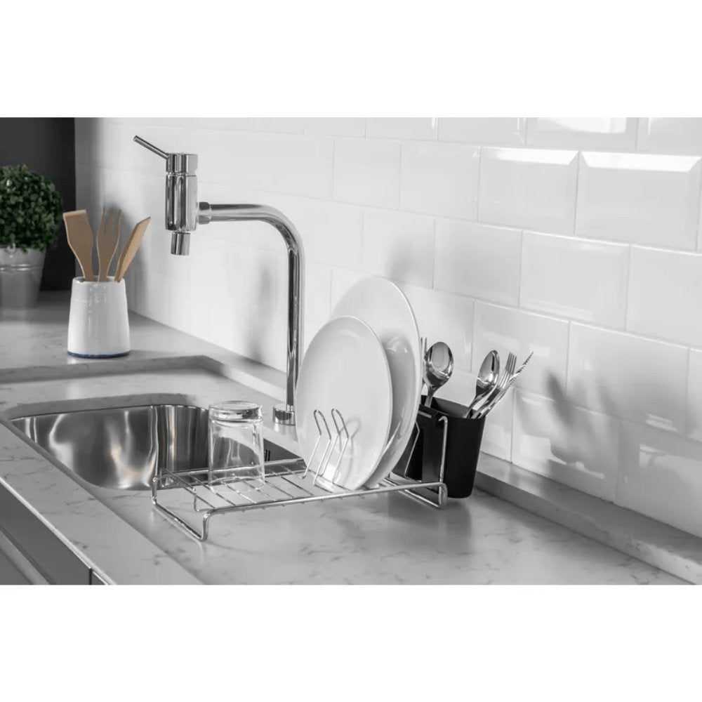 Escorredor de Louças Compacto Com Porta Talheres Preto e Cromado