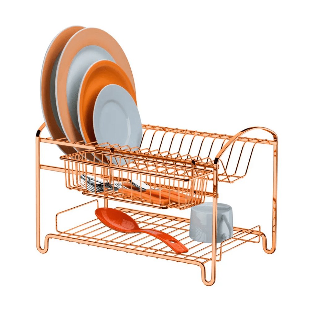 Escorredor de Louças Duplo 16 Pratos Aço Rose Gold