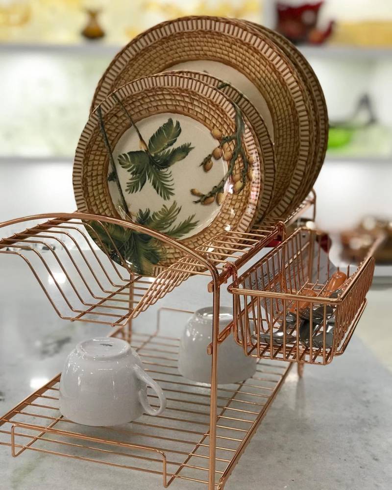 Escorredor de Louças Duplo 16 Pratos Aço Rose Gold