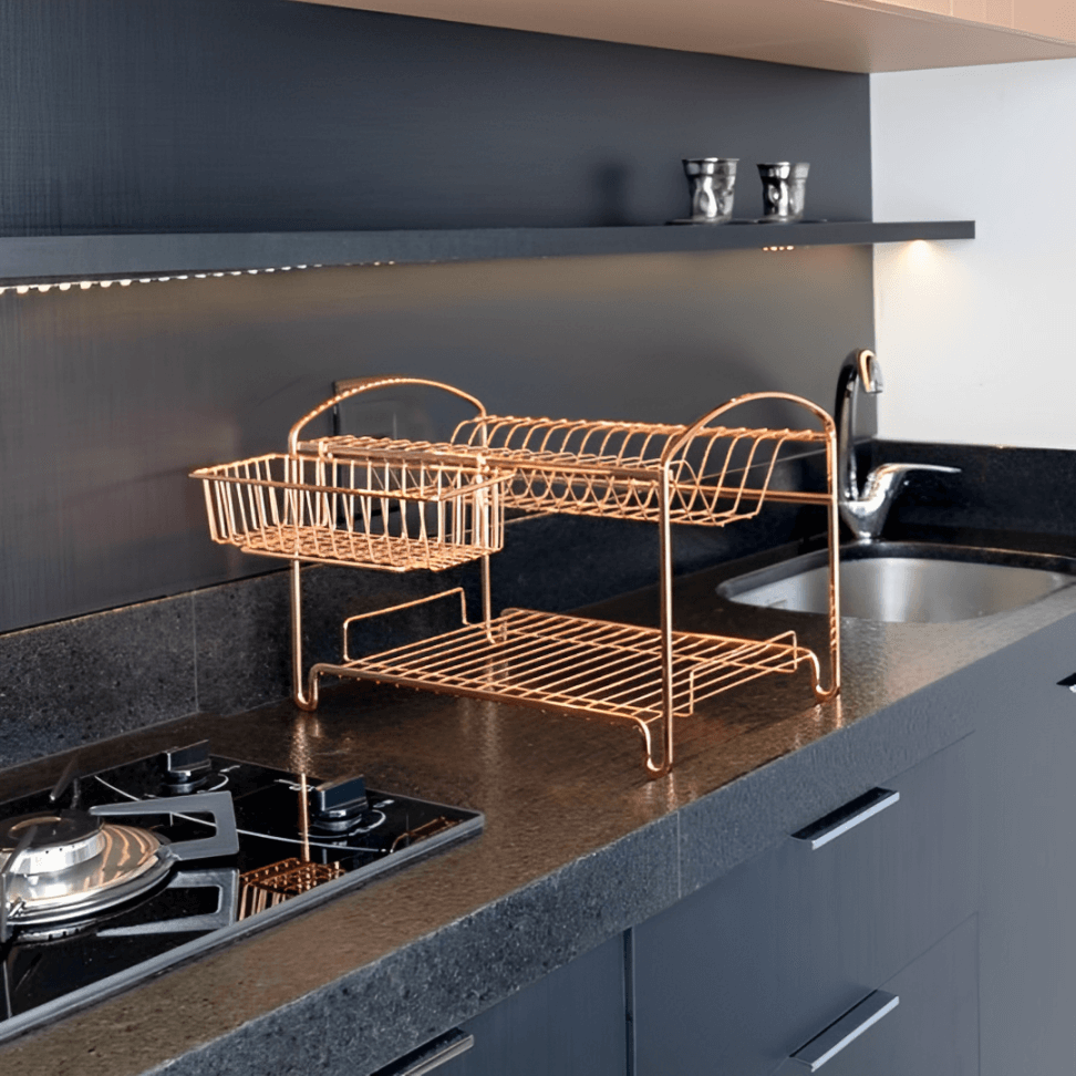 Escorredor de Louças Duplo 16 Pratos Aço Rose Gold