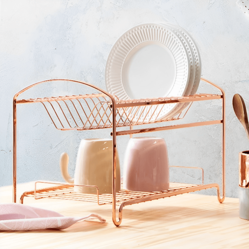 Escorredor de Louças Duplo 16 Pratos Aço Rose Gold