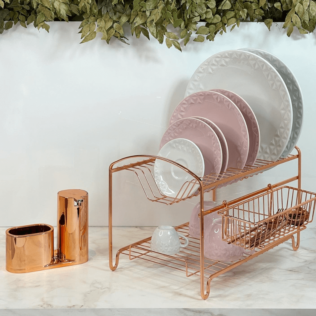 Escorredor de Louças Duplo 16 Pratos Aço Rose Gold