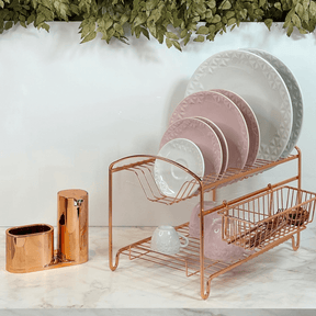 Escorredor de Louças Duplo 16 Pratos Aço Rose Gold