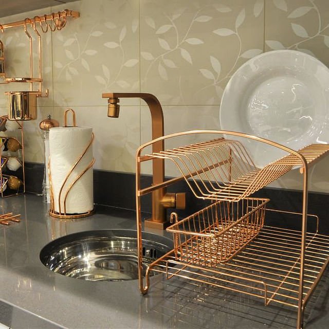 Escorredor de Louças Duplo 16 Pratos Aço Rose Gold