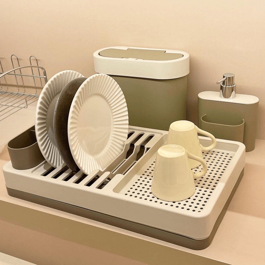 Escorredor Louças Flat 3 Em 1 Bandeja Removível Porta Talheres Bege