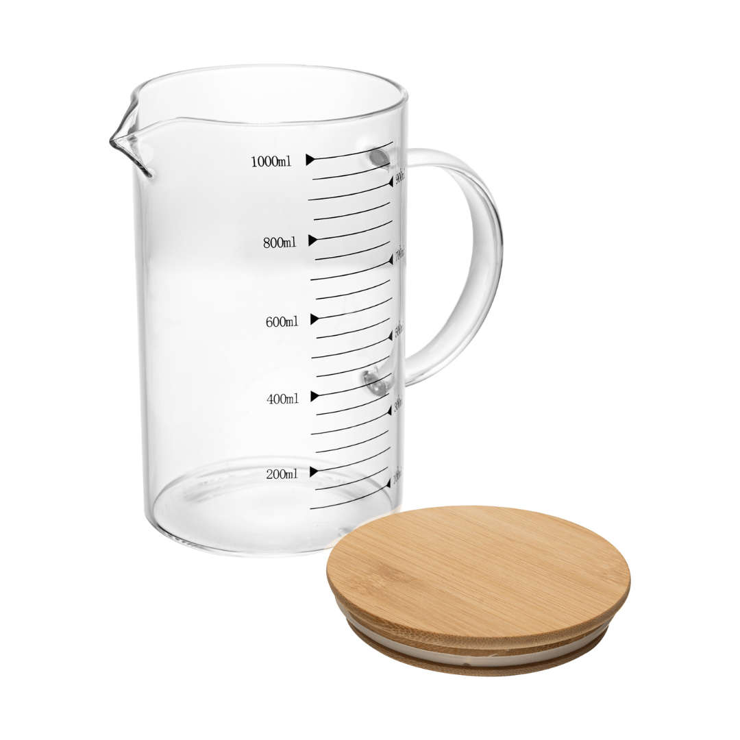 Jarra Medidora em Vidro com Tampa de Bambu 1 Litro