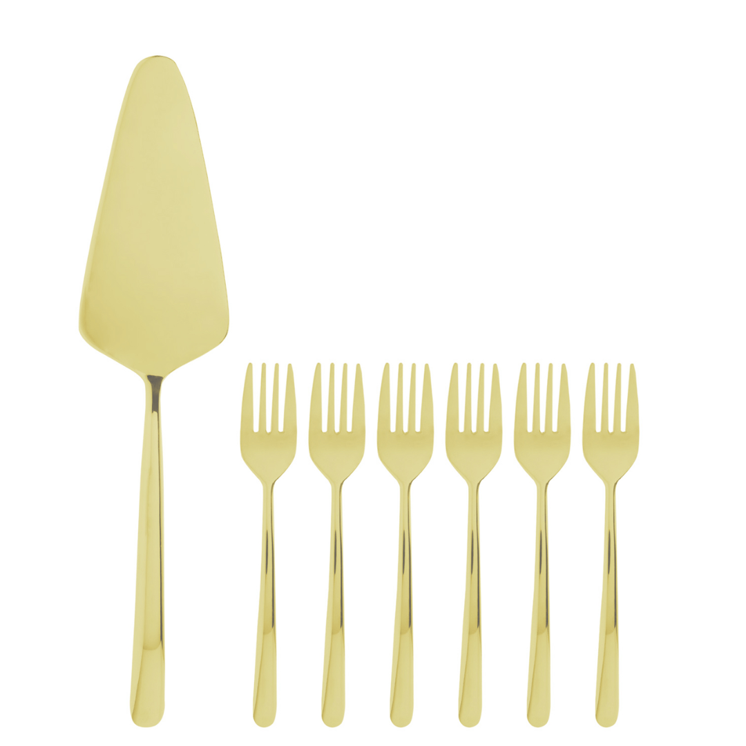 Jogo de 7 Peças com Espátula para Bolo e 6 Garfos para Sobremesa Viena Dourada