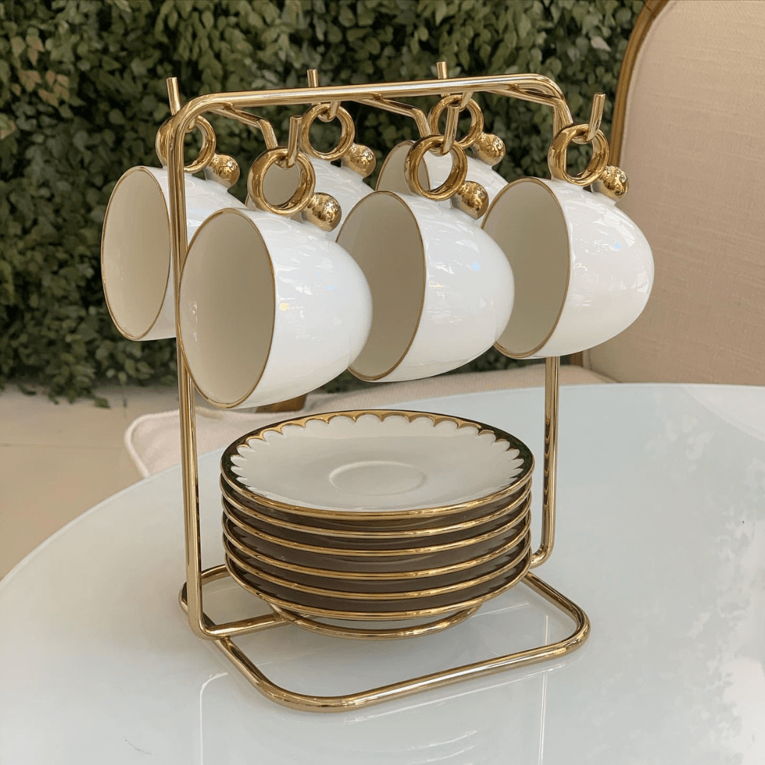 Jogo de Xícaras e Pires Para Café Porcelana Branco e Dourado 90ml Linha Egg 6 Peças