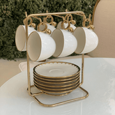 Jogo de Xícaras e Pires Para Café Porcelana Branco e Dourado 90ml Linha Egg 6 Peças