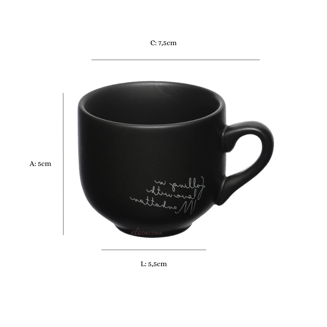 Jogo Xicara de Café com Pires em Porcelana Manhattan Preta 90ml 6 Peças