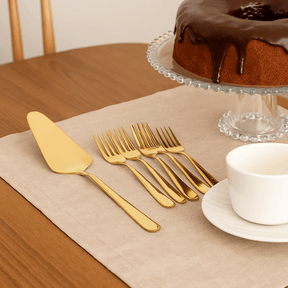 Jogo de 7 Peças com Espátula para Bolo e 6 Garfos para Sobremesa Viena Dourada