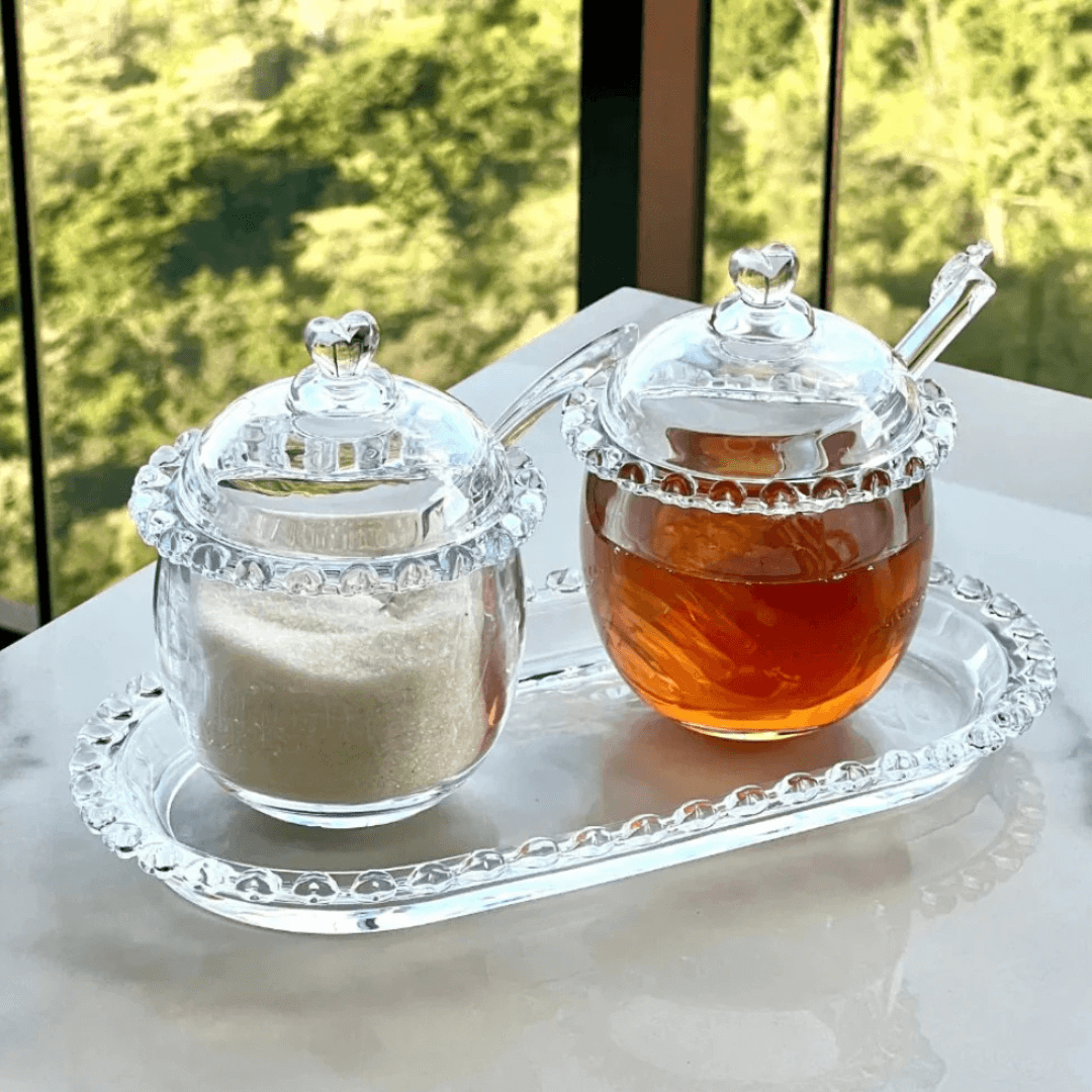 Kit 3 Peças Açucareiro, Meleira e Travessa Coração de Cristal