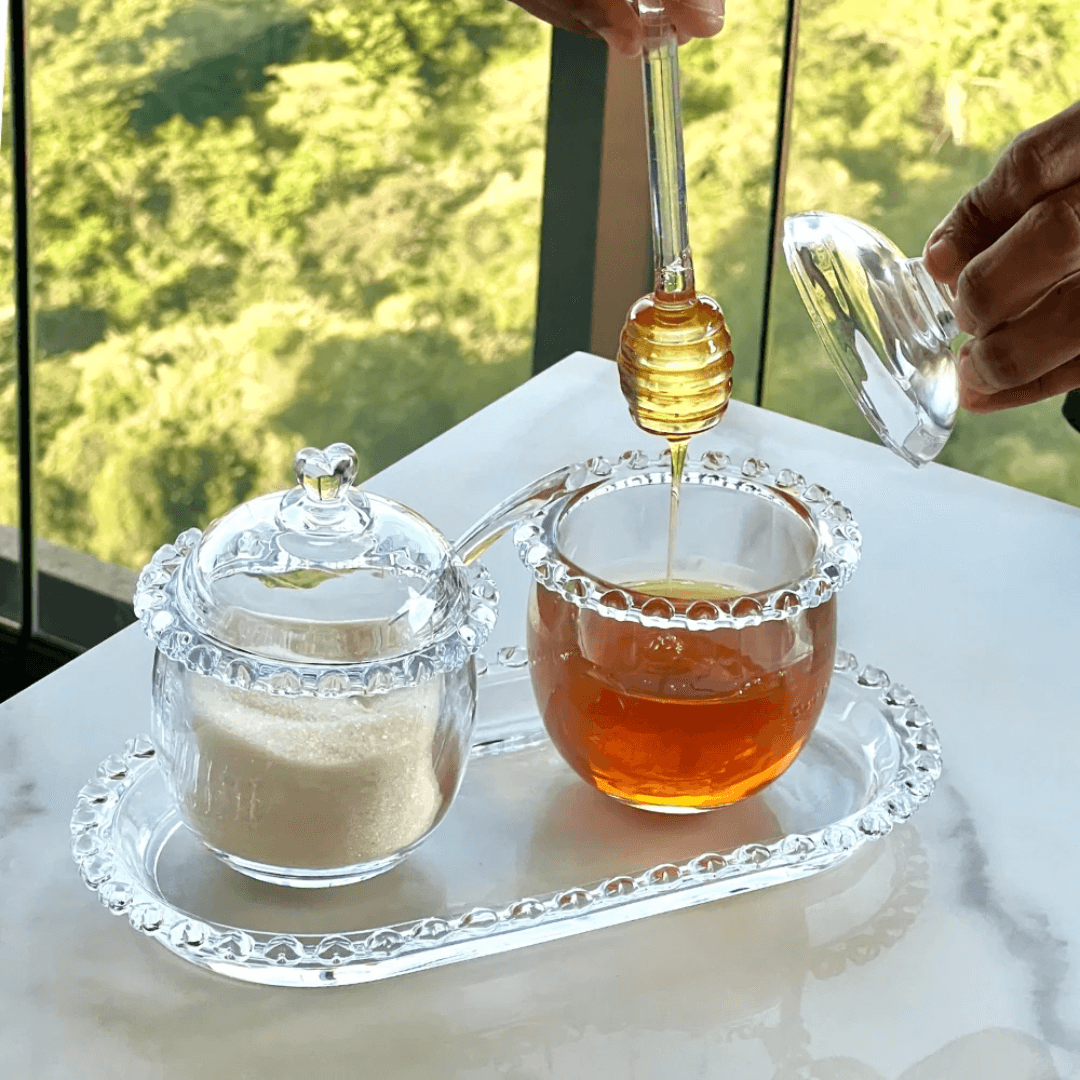 Kit 3 Peças Açucareiro, Meleira e Travessa Coração de Cristal