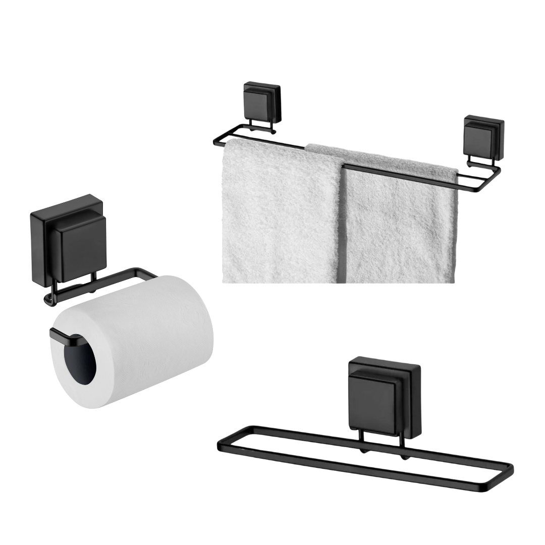 Kit Acessórios Banheiro Fixação Ventosa Preto Fosco 3 Peças