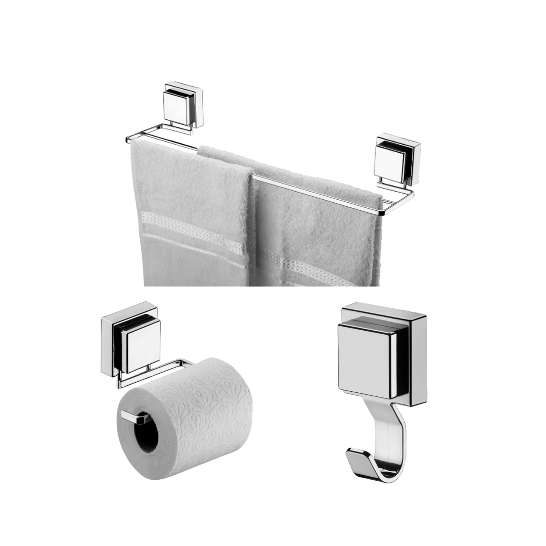 Kit Banheiro Acessórios com Fixação Ventosa Cromado 3 Peças