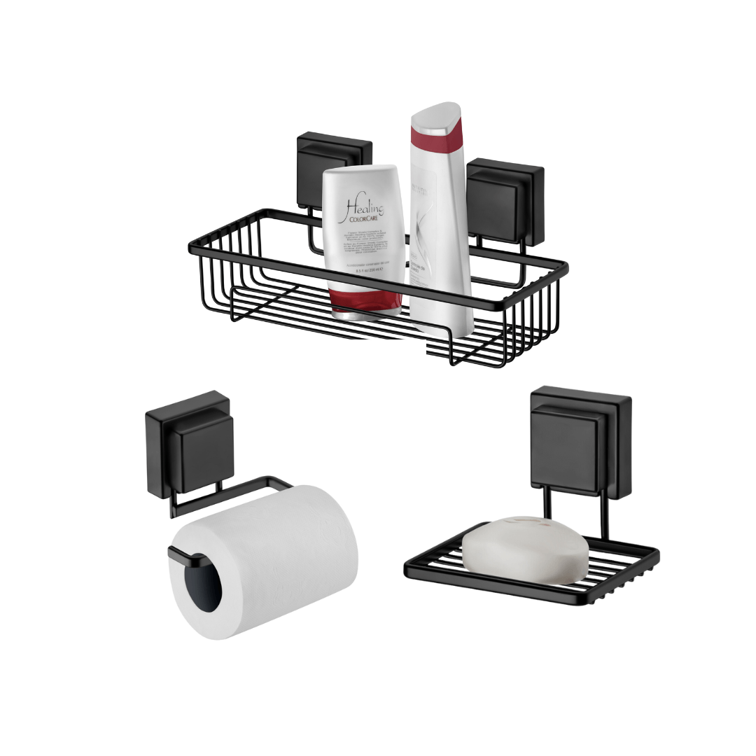 Kit Banheiro Acessórios Fixação Ventosa Preto Fosco 3 Peças