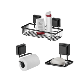 Kit Banheiro Acessórios Fixação Ventosa Preto Fosco 3 Peças