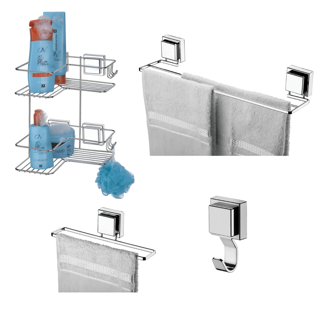 Kit para Banheiro Acessórios de Ventosa Cromado - 4 Peças
