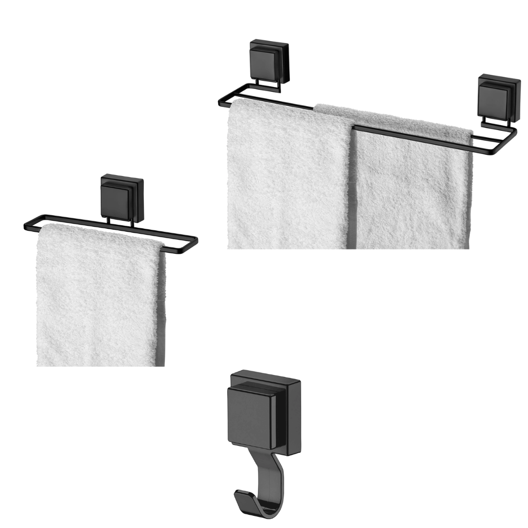 Kit para Banheiro Acessórios Ventosa Preto Fosco - 3 Peças