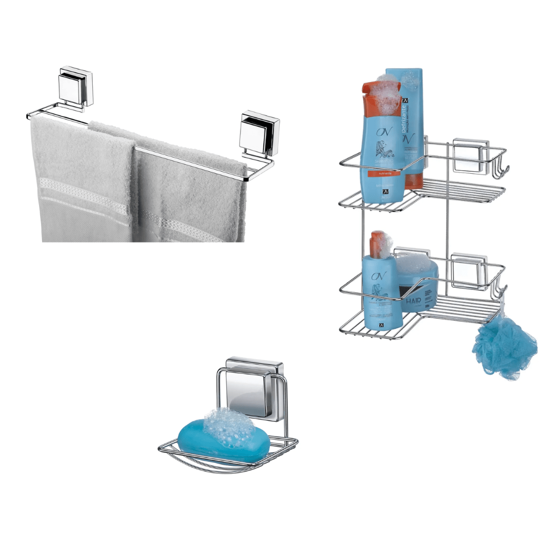 Kit para Banheiro em Aço com Ventosa Cromado - 3 Peças