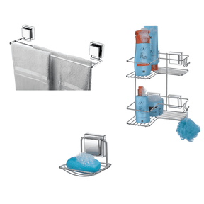 Kit para Banheiro em Aço com Ventosa Cromado - 3 Peças
