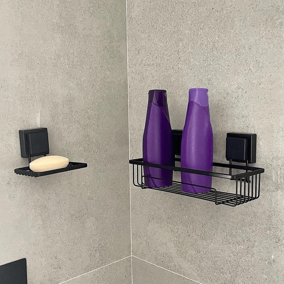 Kit Suporte Para Shampoo + Saboneteira com Ventosa Preto