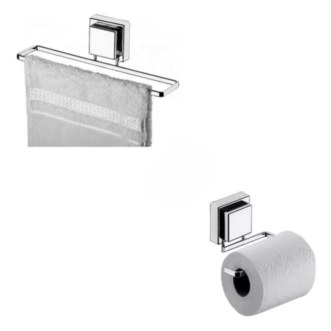 Kit Toalheiro e Porta Papel Higiênico com Ventosa Cromado - 2 Peças