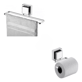 Kit Toalheiro e Porta Papel Higiênico com Ventosa Cromado - 2 Peças