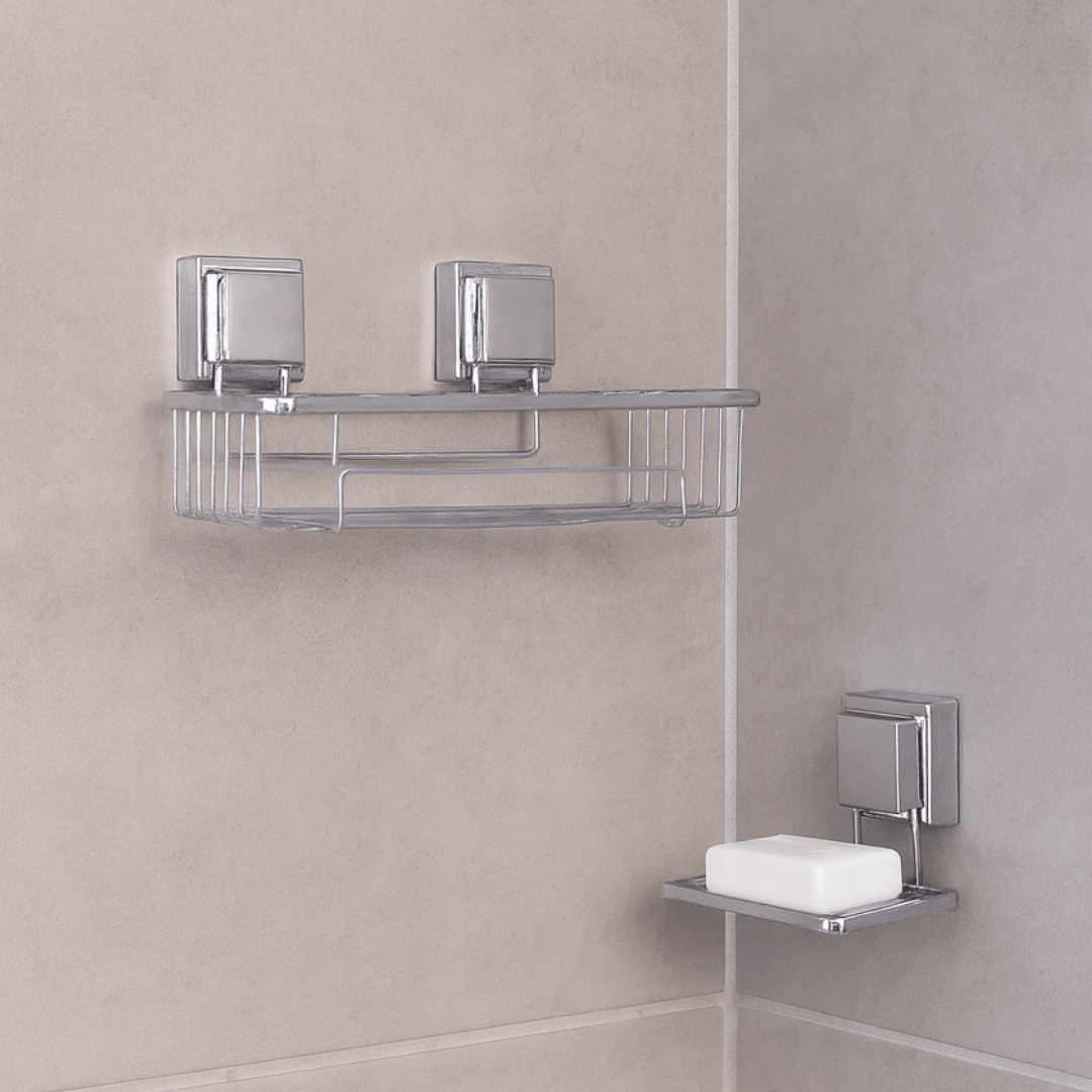 Kit Porta Shampoo e Saboneteira com Ventosa Cromado