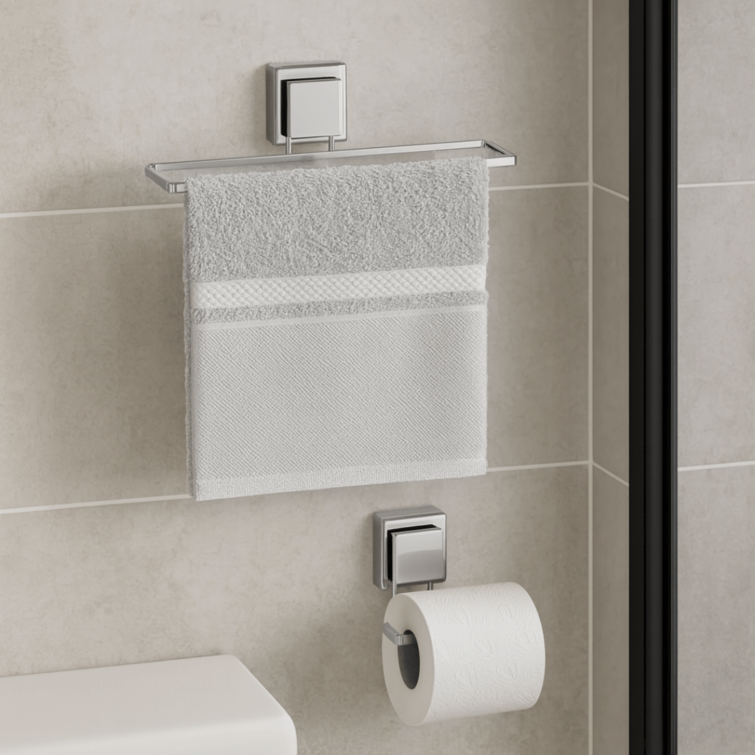 Kit Toalheiro e Porta Papel Higiênico com Ventosa Cromado - 2 Peças