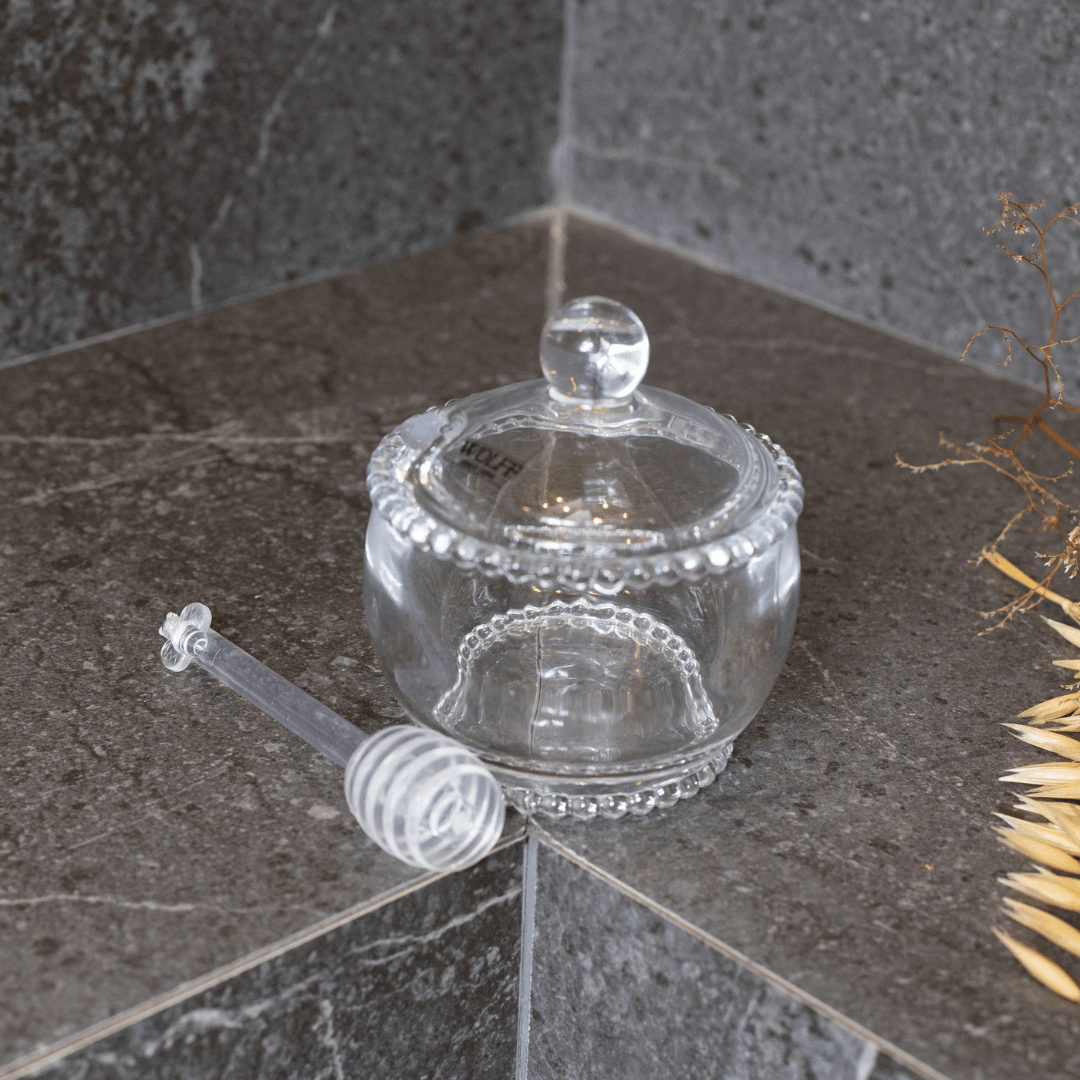 Meleira de Cristal Chumbo com Colher Abelha Bolinha Pearl 10cm