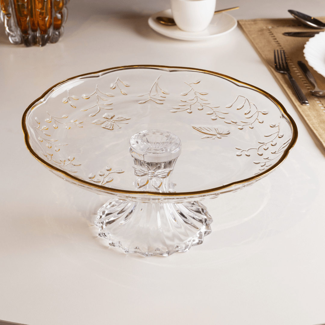 Prato para Bolo com Pé em Cristal Fio de Ouro New Butterfly 27cm