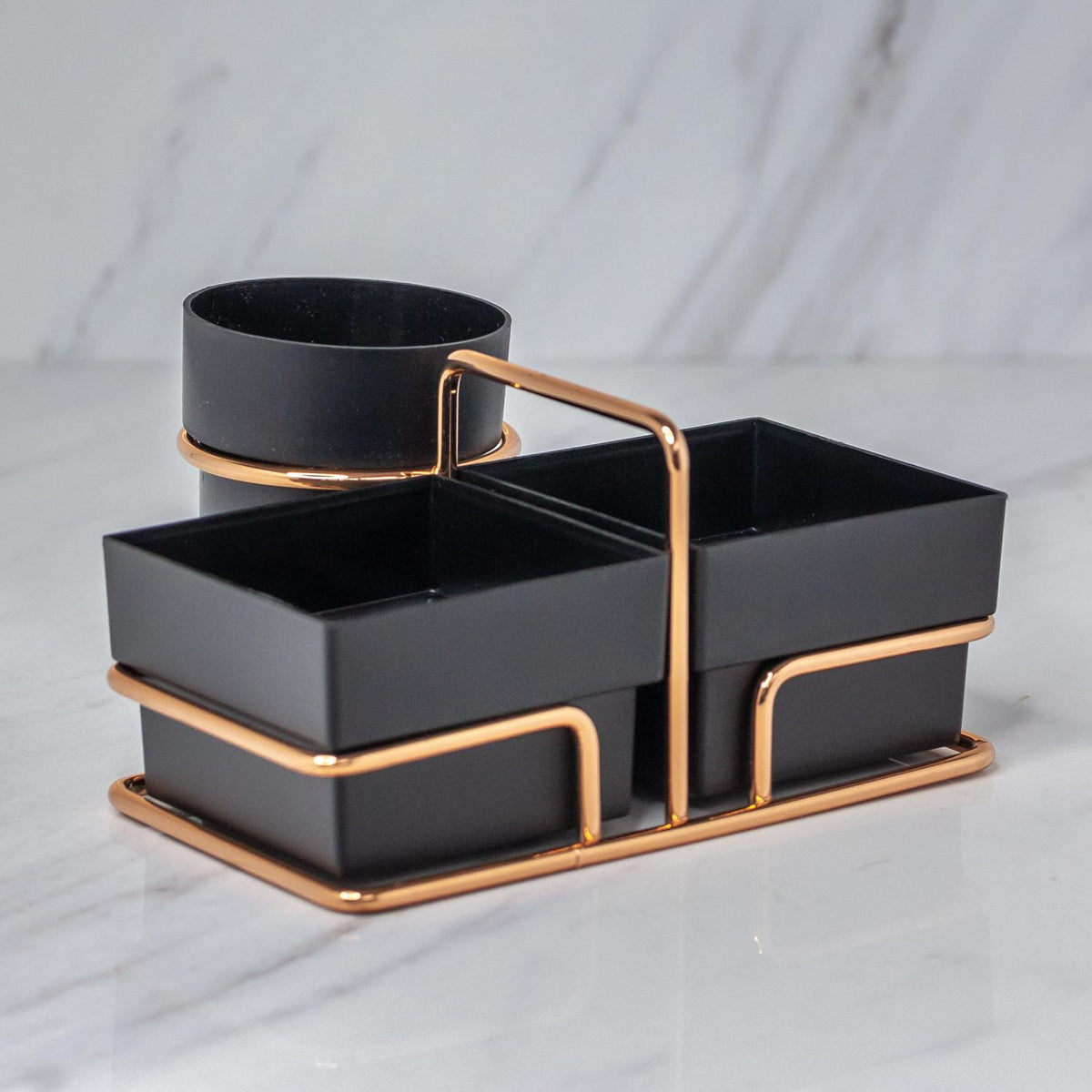 Organizador Porta Sachês de Açúcar Adoçante e Mexedor Preto e Rose Gold