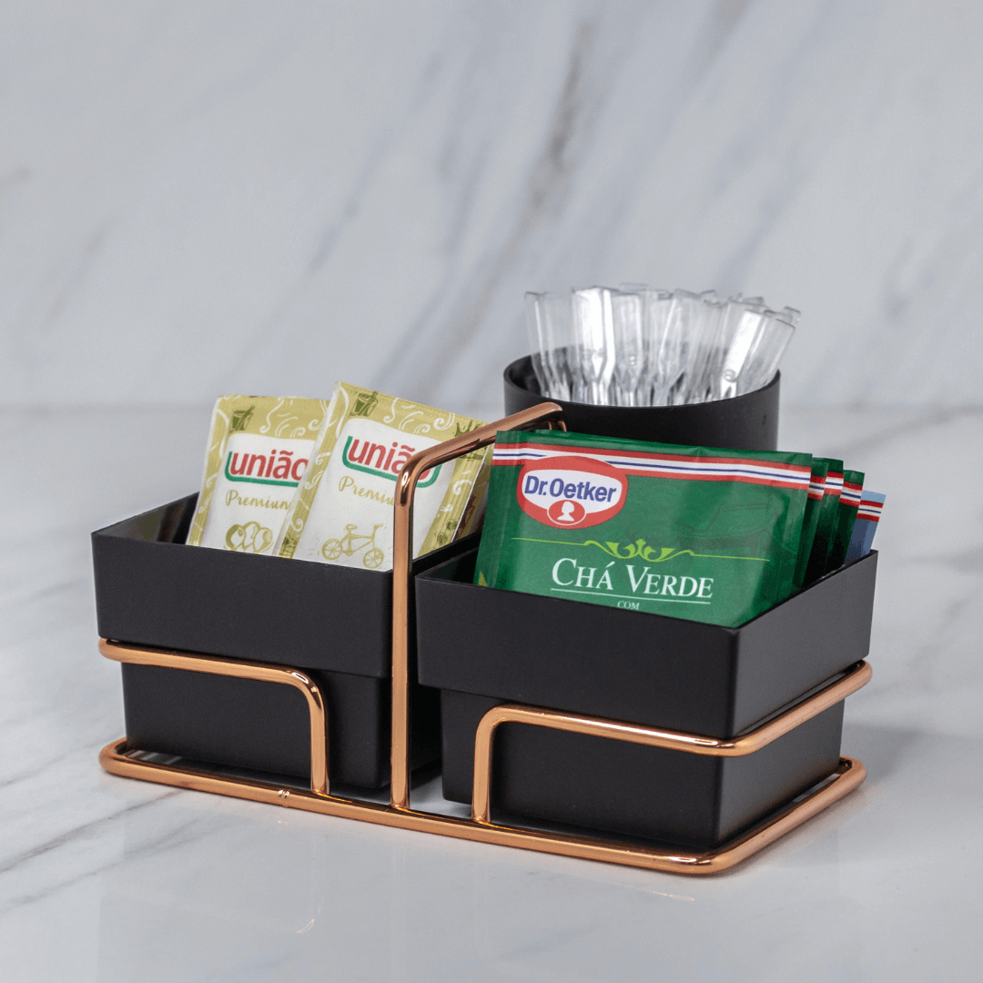 Organizador Porta Sachês de Açúcar Adoçante e Mexedor Preto e Rose Gold