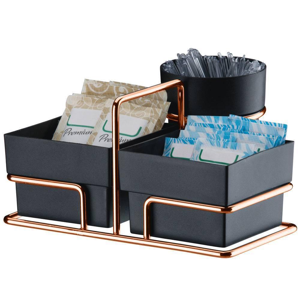 Organizador Porta Sachês de Açúcar Adoçante e Mexedor Preto e Rose Gold