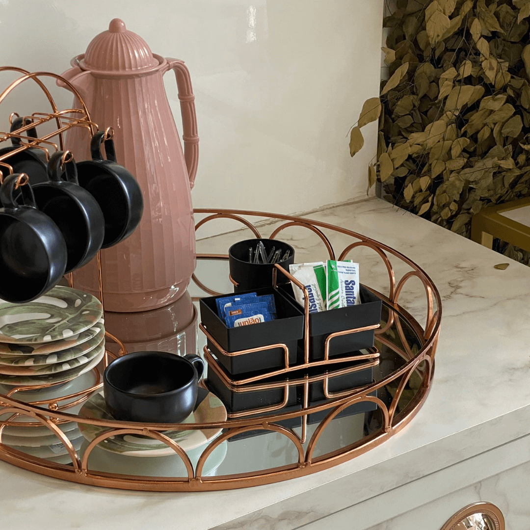 Organizador Porta Sachês de Açúcar Adoçante e Mexedor Preto e Rose Gold