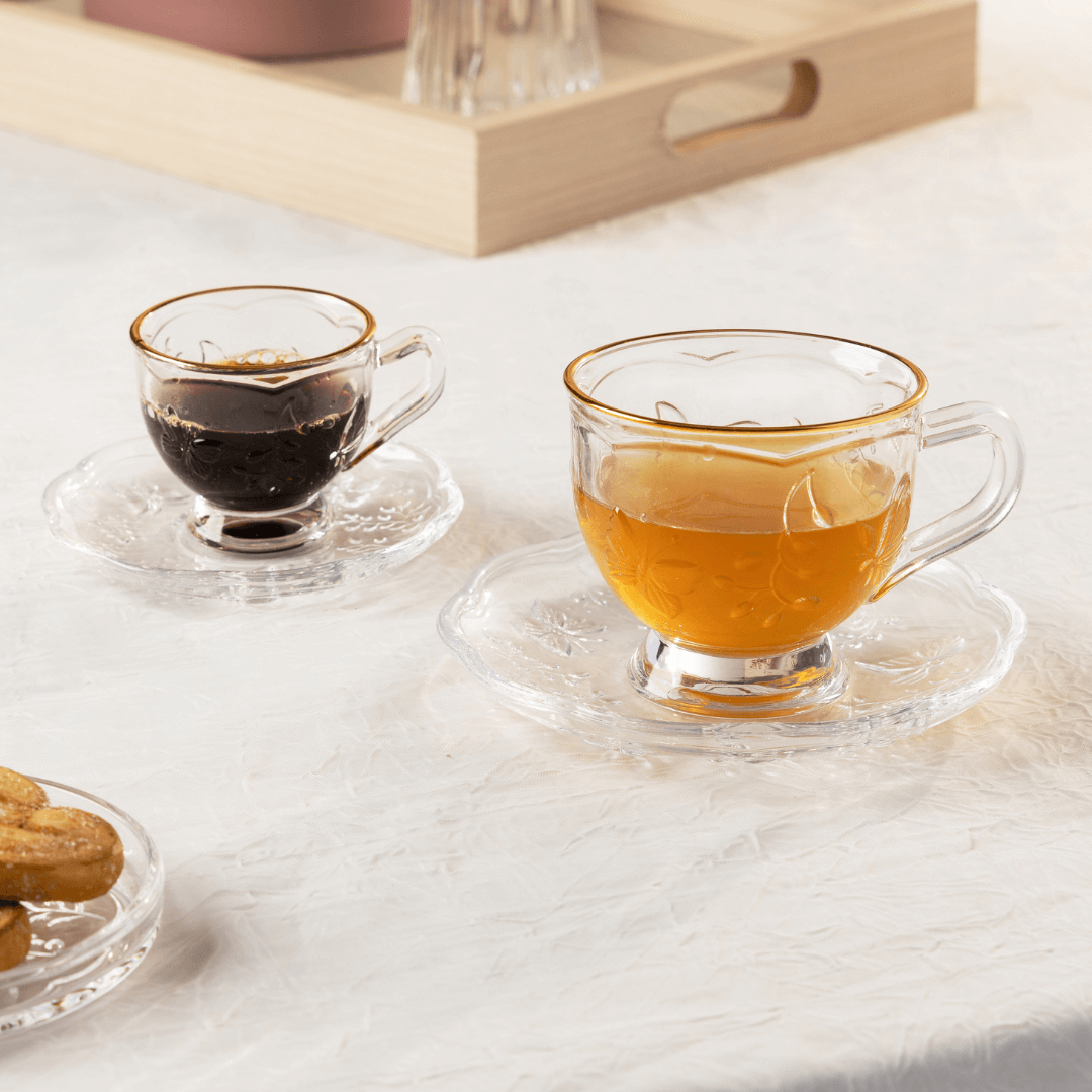 Xicara de Chá com Pires de Cristal New Butterfly Fio de Ouro 180ml