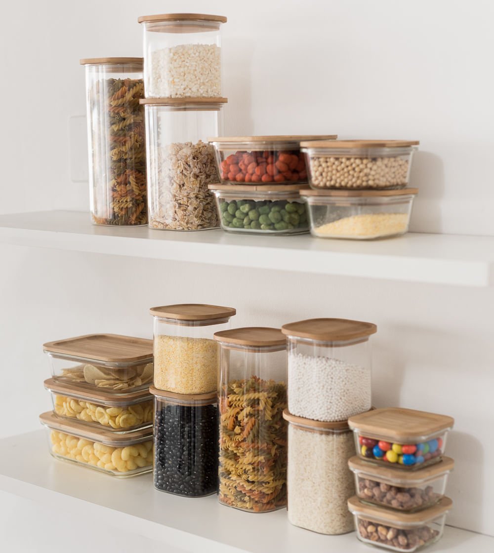 Pote de Vidro Empilhável com Tampa de Bambu Quadrado Mantimento 1,1 Litros