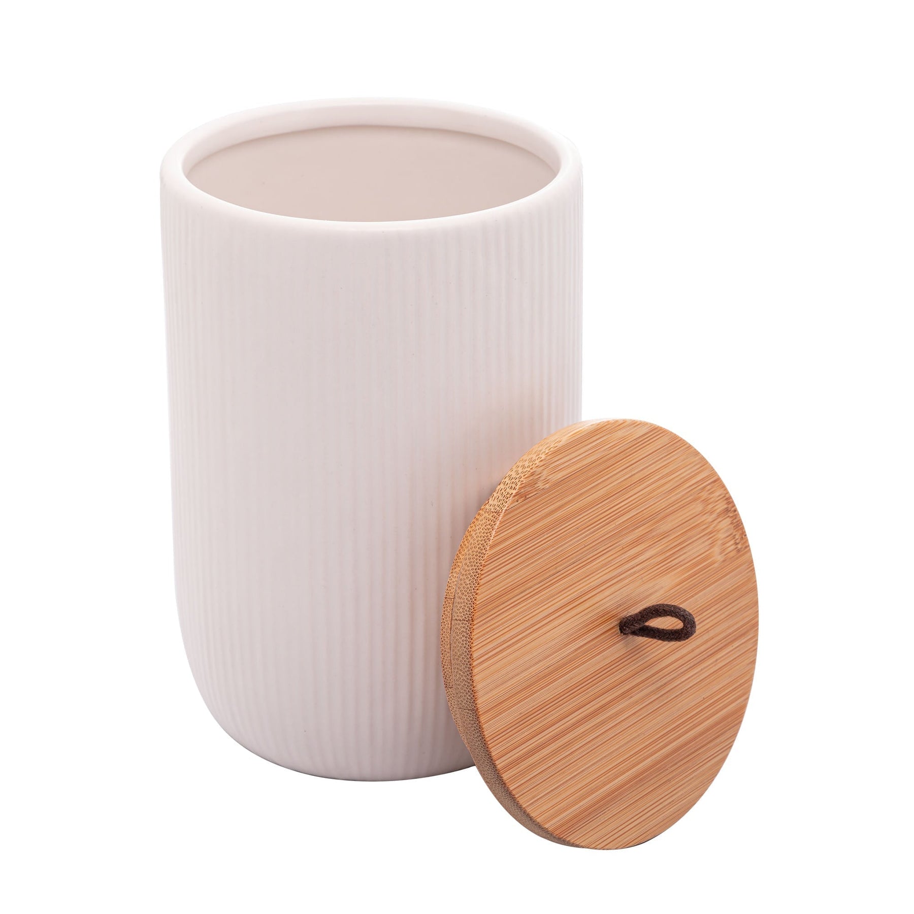 Pote Decorativo de Cerâmica com Tampa De Bambu Com Pegador De Corda Lines Branco 15cm