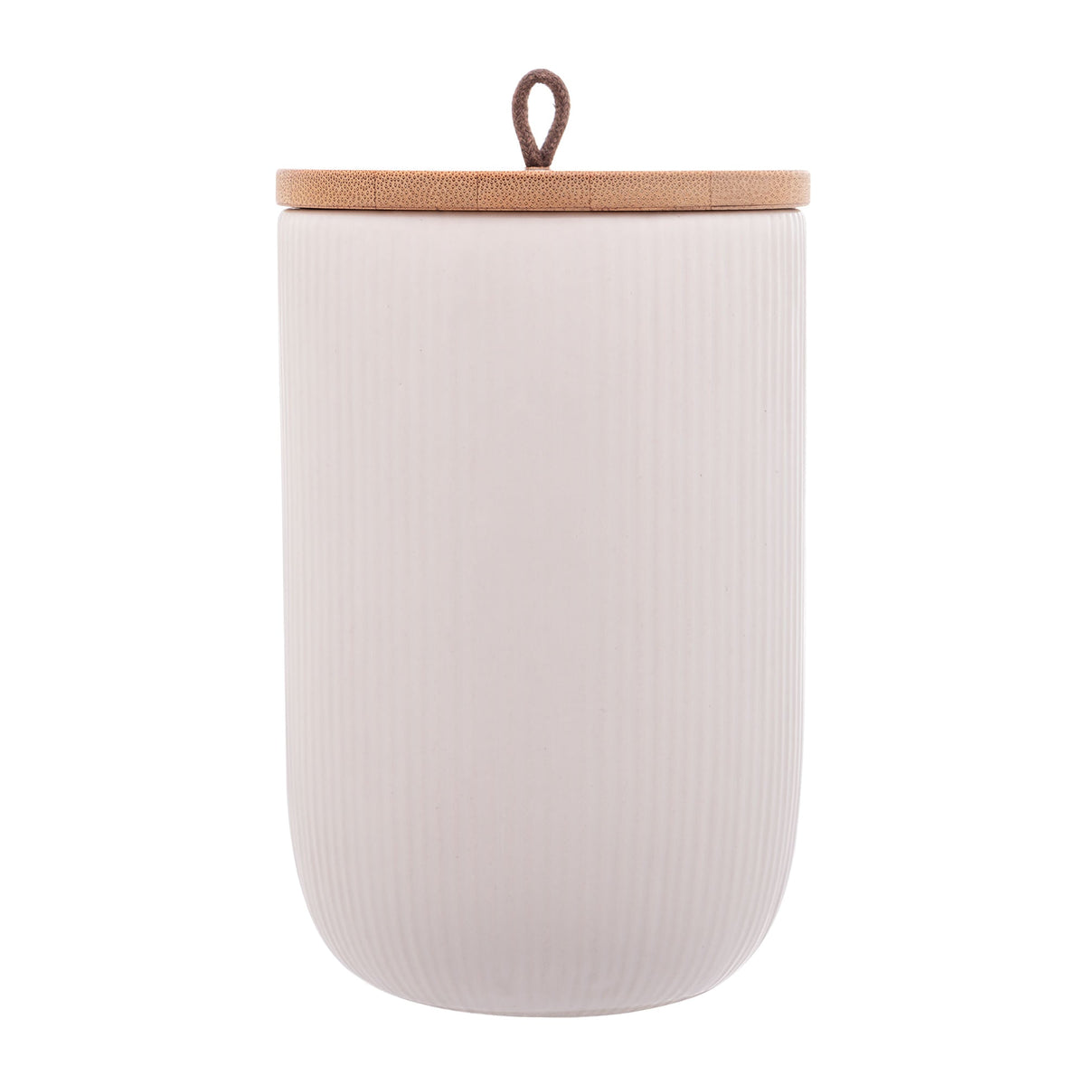 Pote Decorativo de Cerâmica com Tampa De Bambu Com Pegador De Corda Lines Branco 15cm