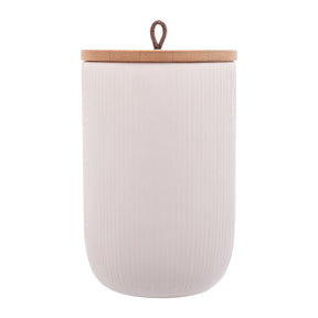Pote Decorativo de Cerâmica com Tampa De Bambu Com Pegador De Corda Lines Branco 15cm
