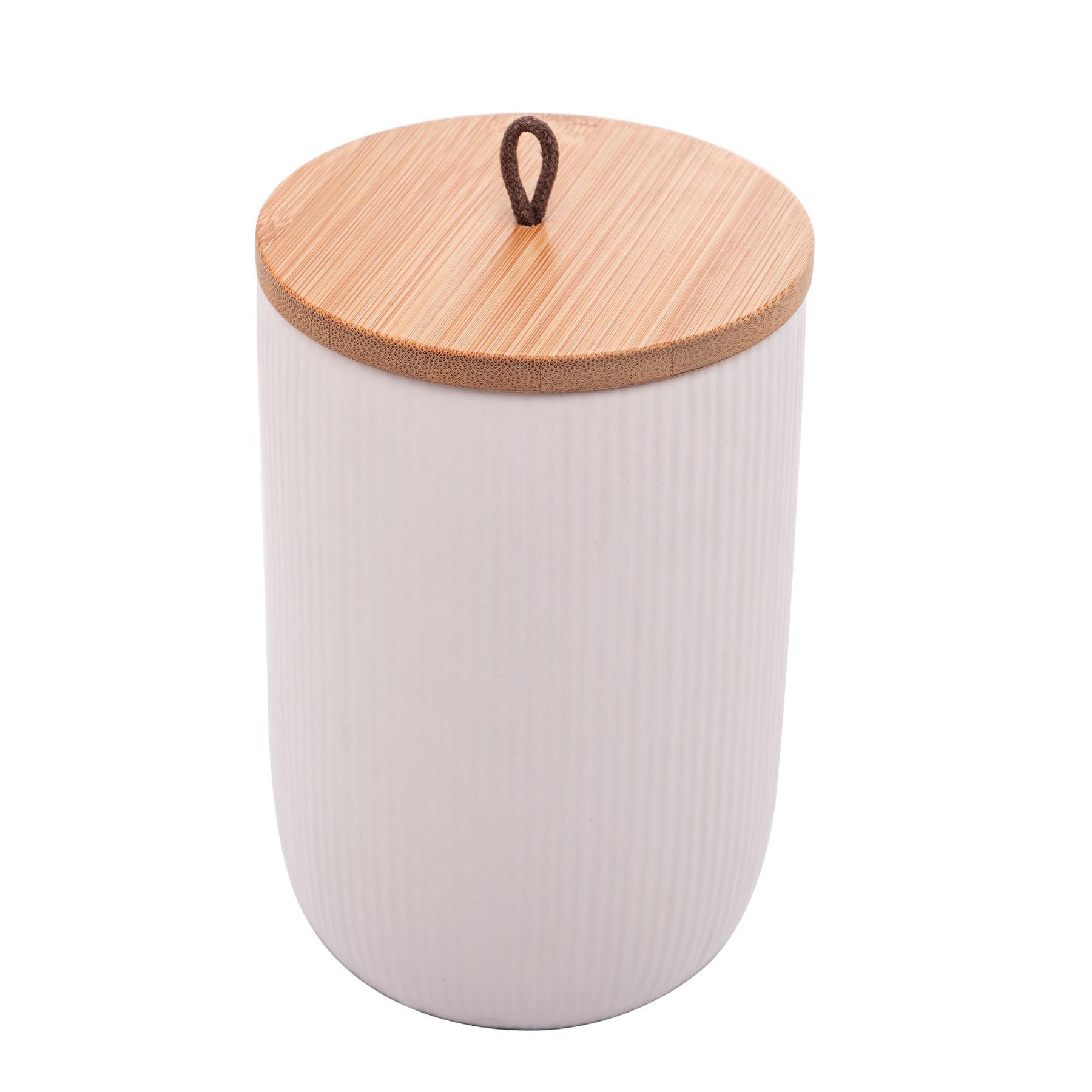 Pote Decorativo de Cerâmica com Tampa De Bambu Com Pegador De Corda Lines Branco 15cm