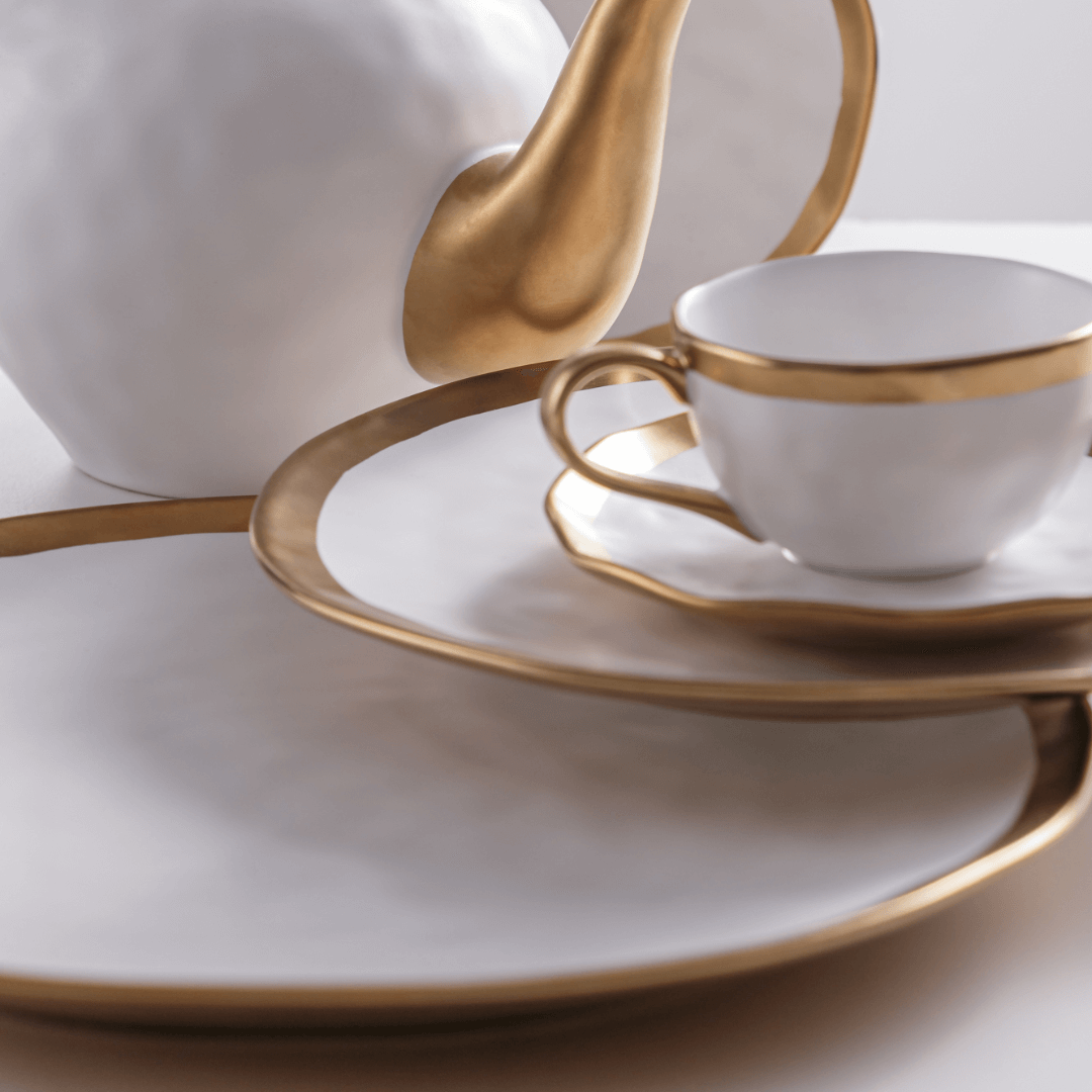 Prato de Sobremesa Dubai Branco e Dourado 21cm