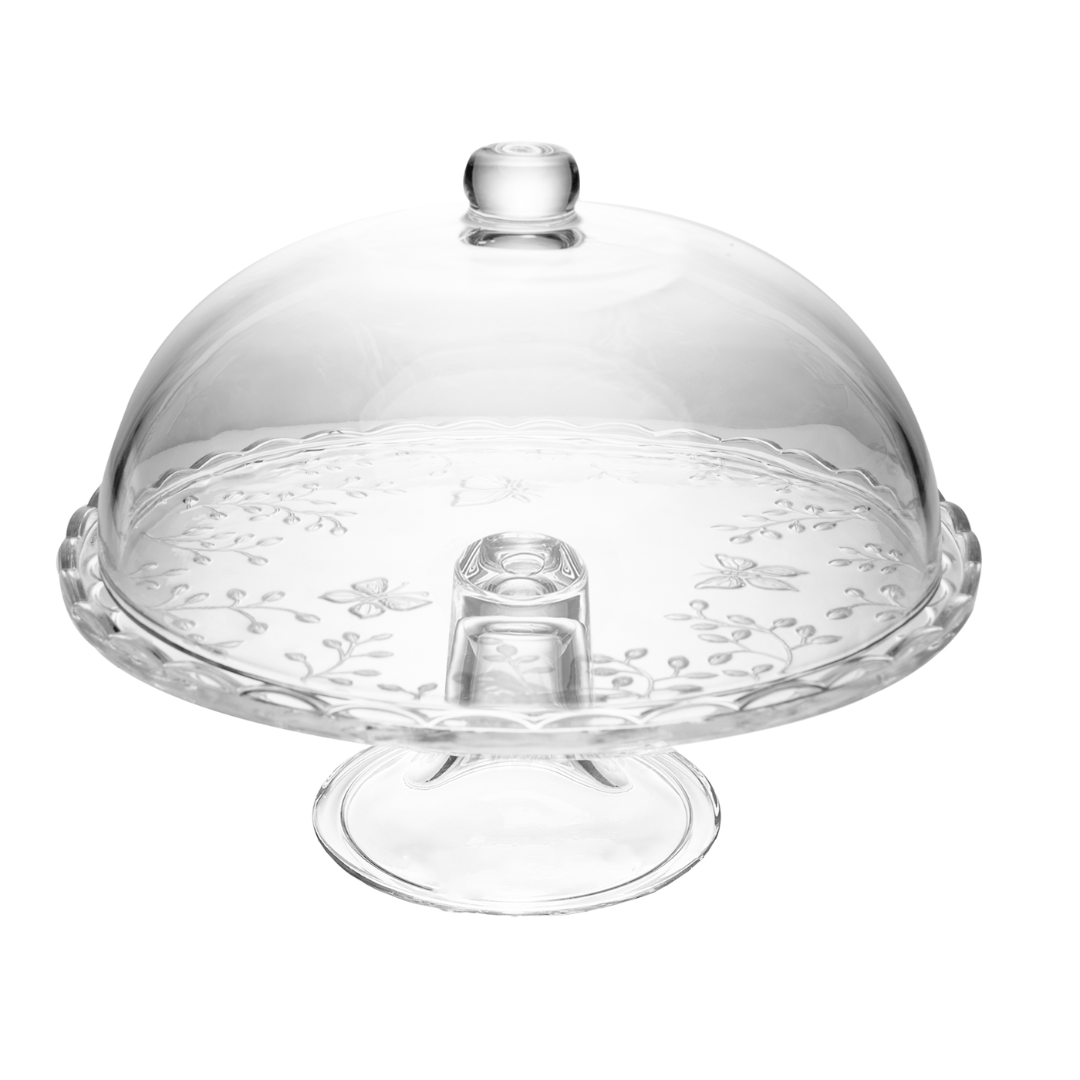 Prato para Bolo com Pé e Tampa de Cristal New Butterfly 30cm